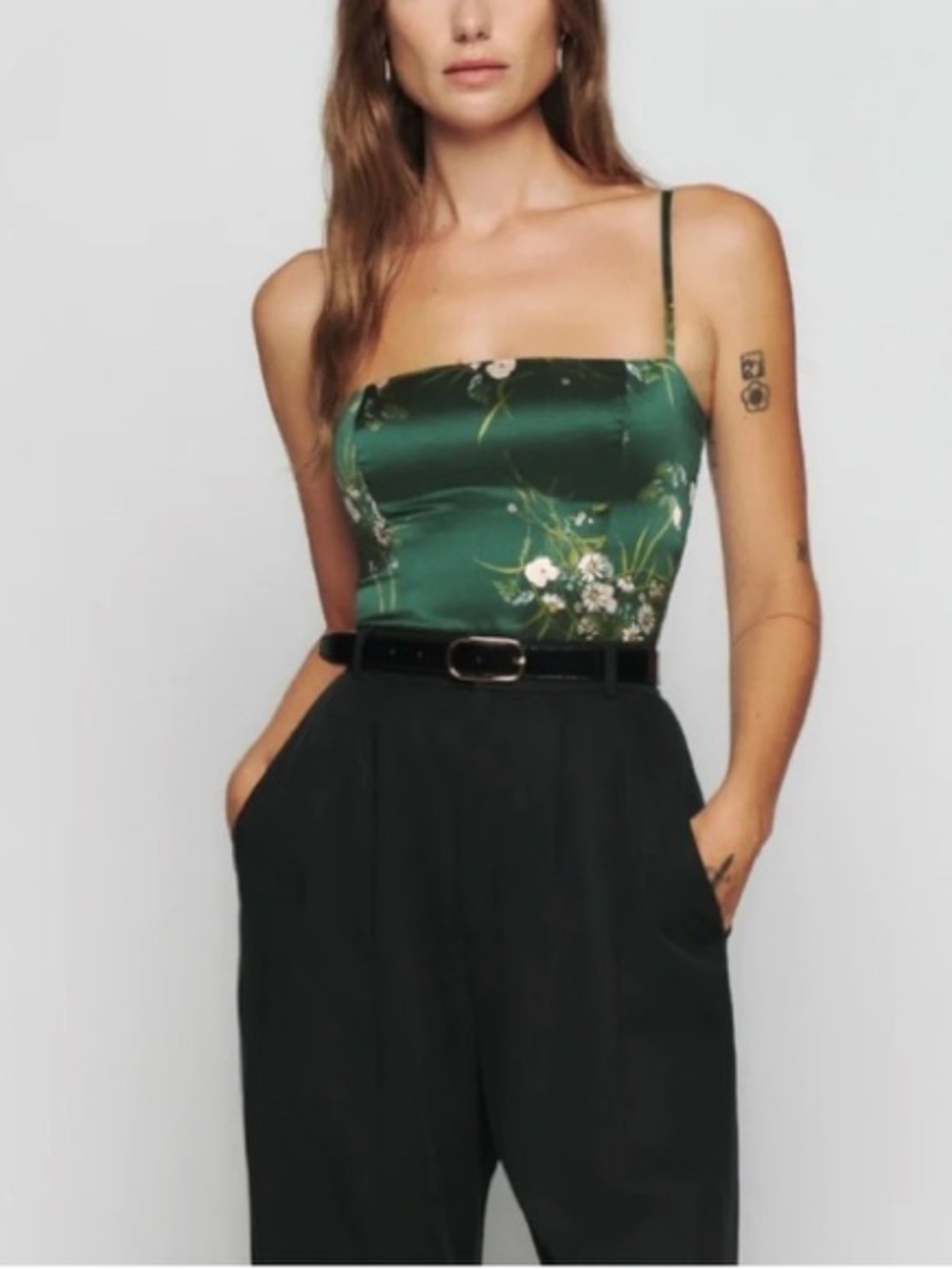 Reformation | Silk Green Floral Spaghetti Strap Top